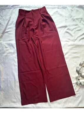 Burgundy / Red Berry Color High Waist Wide-Leg Trousers Slacks Dress Pants